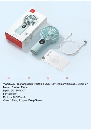 Quạt Mini YOOBAO F3PL Pin 10.000mAh Cầm Tay Để Bàn Tiện Lợi, 3 Cấp Gió, Sử Dụng 36h, Hiển Thị Dung Lượng Pin quat mini cam tay hoac De ban yoobao f3pl 3 cap gio pin 10 000mah su dung 36h hien thi dung luong 12