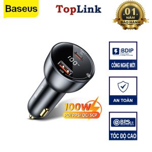 Tẩu Sạc Nhanh Ô Tô 100w BASEUS 1 Cổng USB 1 Cổng PD Công Nghệ Sạc Nhanh Quick Charge QC 3.0 Sạc Đa Thiết Bị, Công Suất Mạnh Mẽ, An Toàn Cho Mọi Chuyến Đi