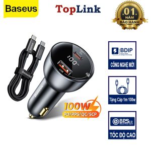 Bộ Chia Tẩu Sạc Trên Xe Ô Tô Baseus CRDYQ 12 V-24V Tích Hợp 2 Cổng USB Sạc Nhanh Công Suất 100w Dây Dài 60cm Phù Hợp Mọi Loại Xe